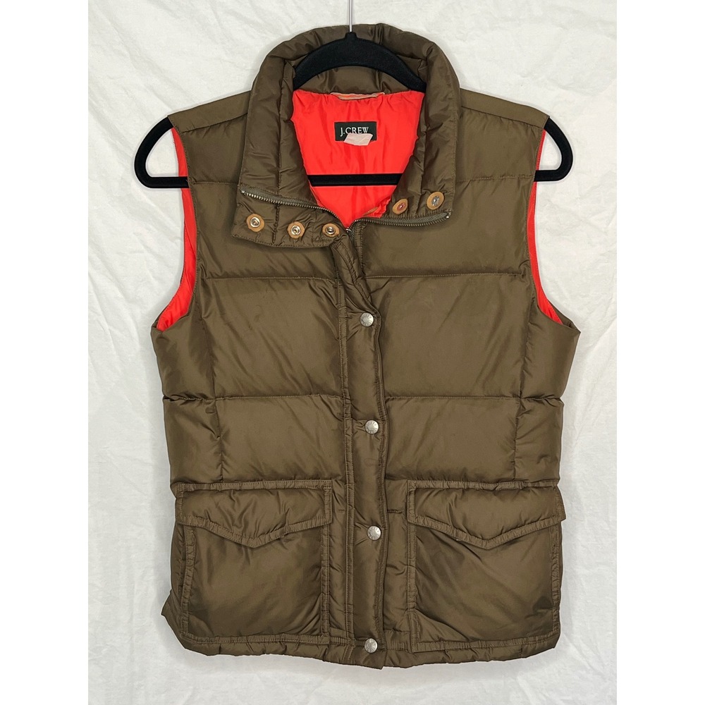 VTG Y2K J Crew Puffer Vest Men's Sz S Fall Green Down Zip Snap Lodge Outdoor